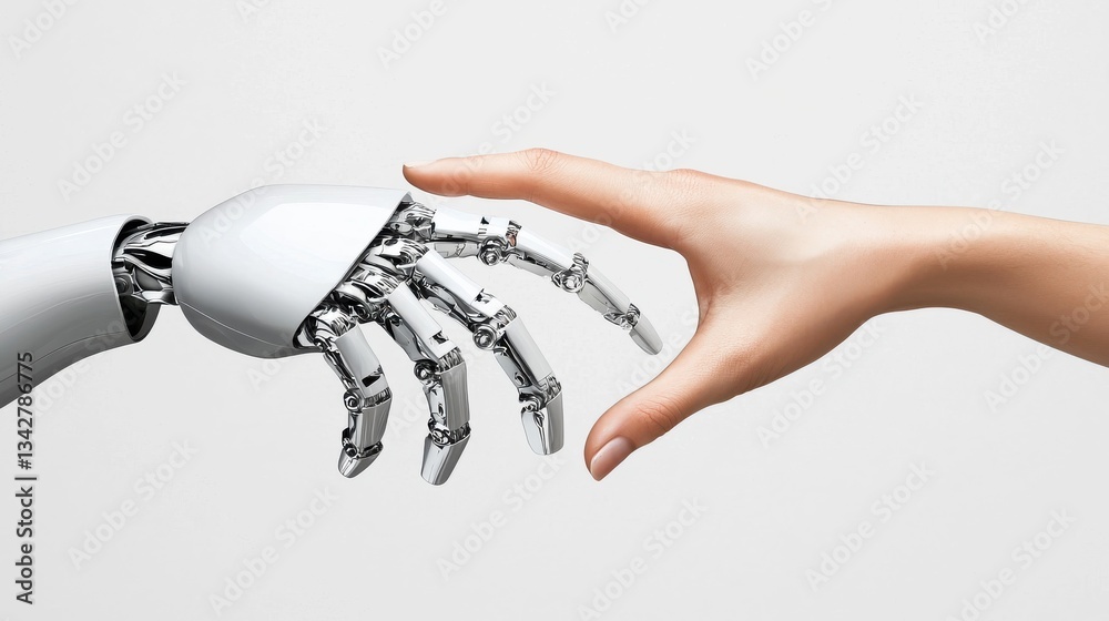 Poster human and robot touching fingers symbolizing connection and unity