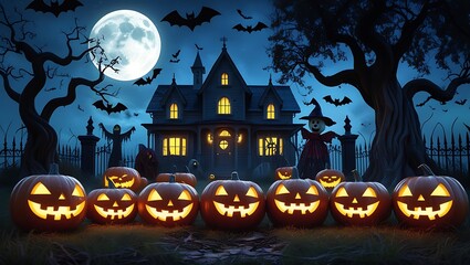 Halloween background illustration with pumpkin, cat, moon. Halloween spooky night. horror background. Halloween banner, poster, template