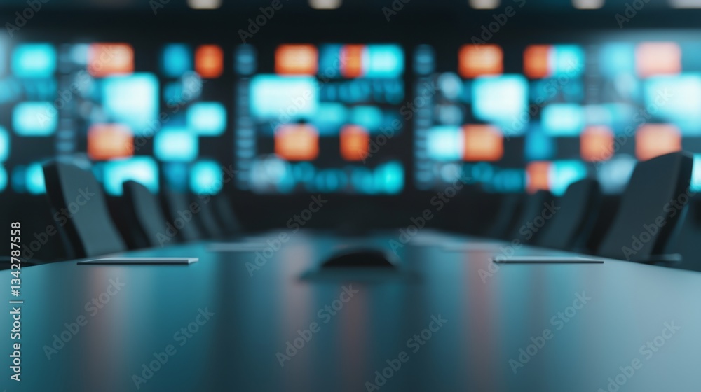 Poster a modern conference room with a sleek table and multiple digital screens displaying various graphics