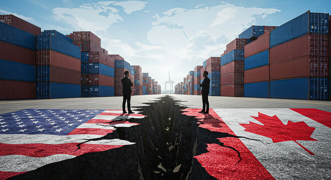 Global Trade War and Tariff Impact &ndash; US-China Economic Conflict and Supply Chain Disruption,USA, China, Canada, Euro Trade War and Tariff Conflict Concept