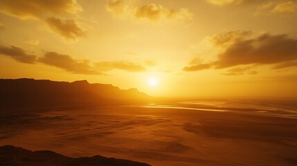 Fototapeta premium Golden Hour Landscape: Majestic Mountains and Desert Plains at Sunset