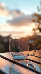 Obraz premium A clear glass cup sits on a table, with a serene sunset in the background.