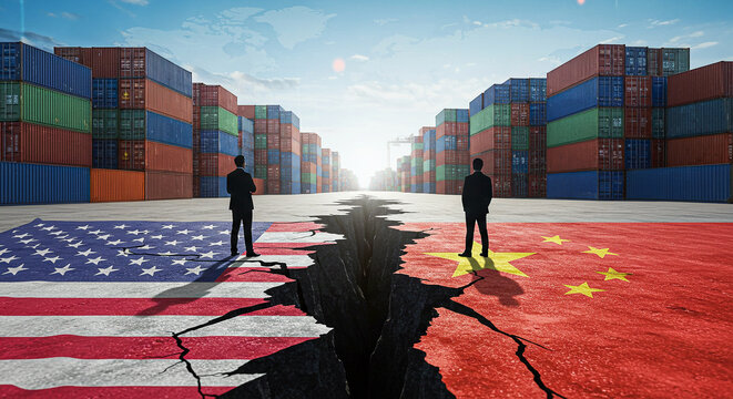 Global Trade War and Tariff Impact &ndash; US-China Economic Conflict and Supply Chain Disruption,USA, China, Canada, Euro Trade War and Tariff Conflict Concept
