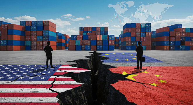 Global Trade War and Tariff Impact &ndash; US-China Economic Conflict and Supply Chain Disruption,USA, China, Canada, Euro Trade War and Tariff Conflict Concept