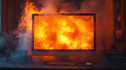 Orange smoke comes from a computer screen, suggesting a cyber attack