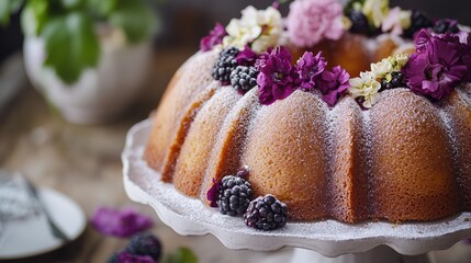  Elegant Blackberry Bundt Cake with Floral Decoration. Festive Celebration Dessert for Special Occasions, Adding a Touch of Elegance and Festivity