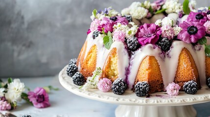  Elegant Blackberry Bundt Cake with Floral Decoration. Festive Celebration Dessert for Special Occasions, Adding a Touch of Elegance and Festivity