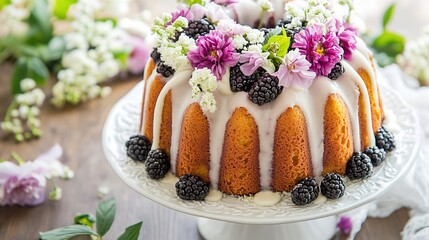  Elegant Blackberry Bundt Cake with Floral Decoration. Festive Celebration Dessert for Special Occasions, Adding a Touch of Elegance and Festivity