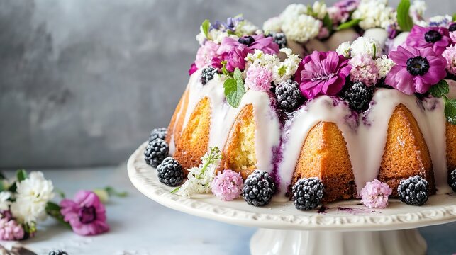  Elegant Blackberry Bundt Cake with Floral Decoration. Festive Celebration Dessert for Special Occasions, Adding a Touch of Elegance and Festivity