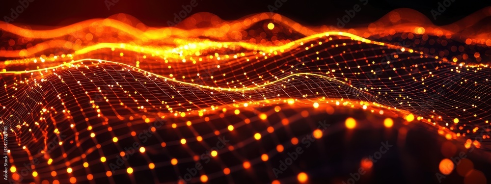 Poster abstract digital wave with orange light particles and grid patterns
