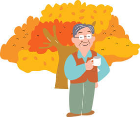 秋のキャンプでコーヒーカップを持つお父さん
