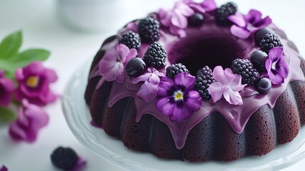  Elegant Blackberry Bundt Cake with Floral Decoration. Festive Celebration Dessert for Special Occasions, Adding a Touch of Elegance and Festivity