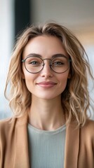 Obraz premium Young Woman with Stylish Glasses and Natural Hair Smiling in Office