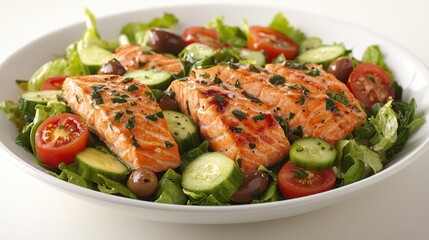 A vibrant tapestry of flavors, where chunks of succulent salmon fillet danced amidst a symphony of fresh lettuce, tomatoes, cucumbers, and olives, drizzled with a tangy vinaigrette, a testament to