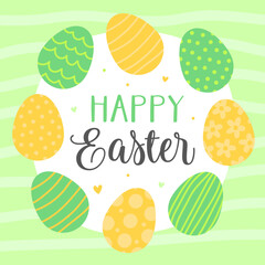 Happy Easter. Cute card for Easter. Various green and yellow Easter eggs with patterns on a light green background.