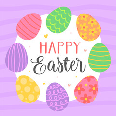 Happy Easter. Cute card for Easter. Various colored Easter eggs with patterns on a purple background.	