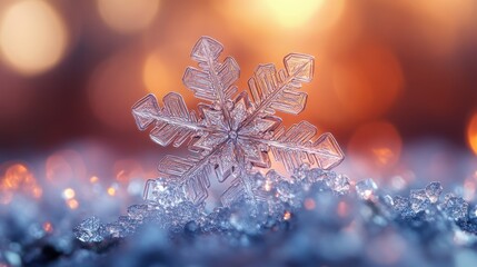 Macro Photography of a Single Snowflake on Ice Crystals