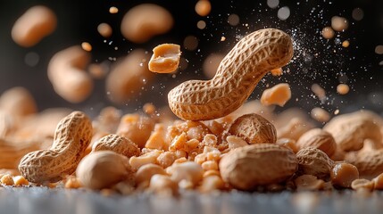Peanuts, shelled and unshelled, fall dynamically onto a white surface, creating a visually appealing composition