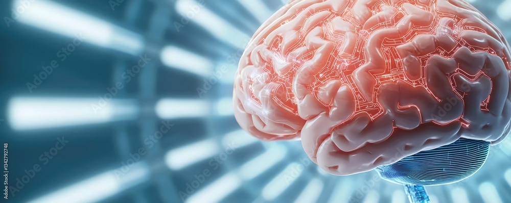 Poster artificial intelligence brain network and database concept. a detailed image of a human brain with i