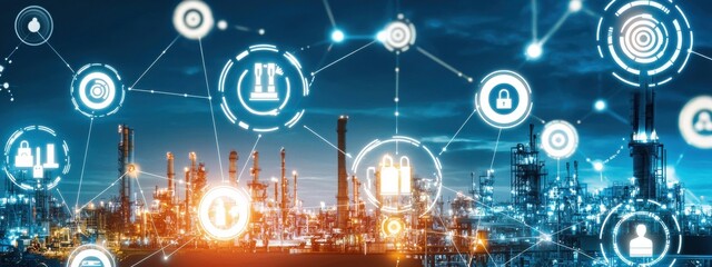 Obraz premium Industrial Landscape with Technology Icons and Network Connections