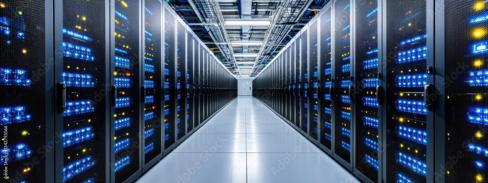 Poster high-tech server room with rows of illuminated data systems