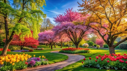 Peaceful nature unfolds: blooming trees paint a vibrant spring landscape.