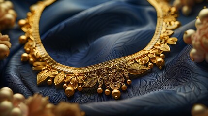 Golden necklace with intricate carvings placed on satin backdrop