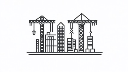 Obraz premium Construction Site with Cranes and Skyscrapers in Minimalist Black and White Line Art