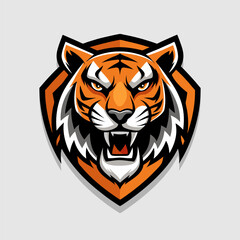 A mascot-style tiger illustration with a fierce expression, bold line details, and a shield background, symbolizing courage and strength.
