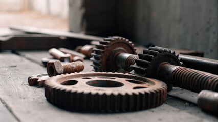Rusty metal gears and bolts scattered on a wooden workbench, symbolizing mechanical wear and repair, industrial maintenance, and vintage machinery concepts.
