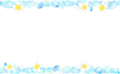 プルメリアと南国の浜辺の石でデザインした可愛いフレーム。さわやかな水彩風イラスト。