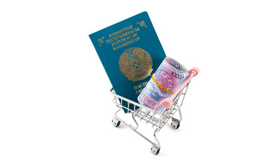 Passport of a citizen of the Republic of Kazakhstan and 10,000 tenge banknotes in a miniature...