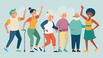 Obraz premium A group of elderly individuals some with walkers and others without come together for a fun and inclusive aerobics class at the community center.. Vector illustration