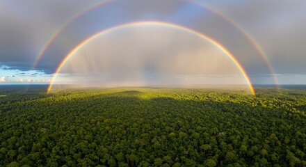 Fototapeta premium Vibrant rainbow arching over lush green forest landscape after a rain shower