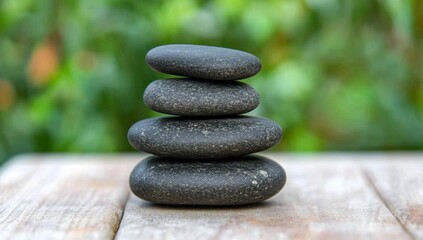Stacked smooth dark stones on a wooden surface