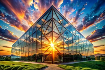 Fototapeta premium Glass Building Reflecting Sunset Sky
