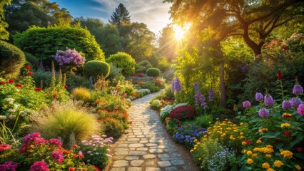 Lush Garden Path with Sunlight