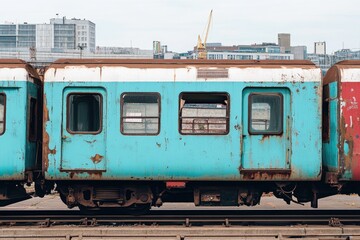 Abandoned Blue Train Carriages Slowly Rusting in an Urban Train Yard Setting