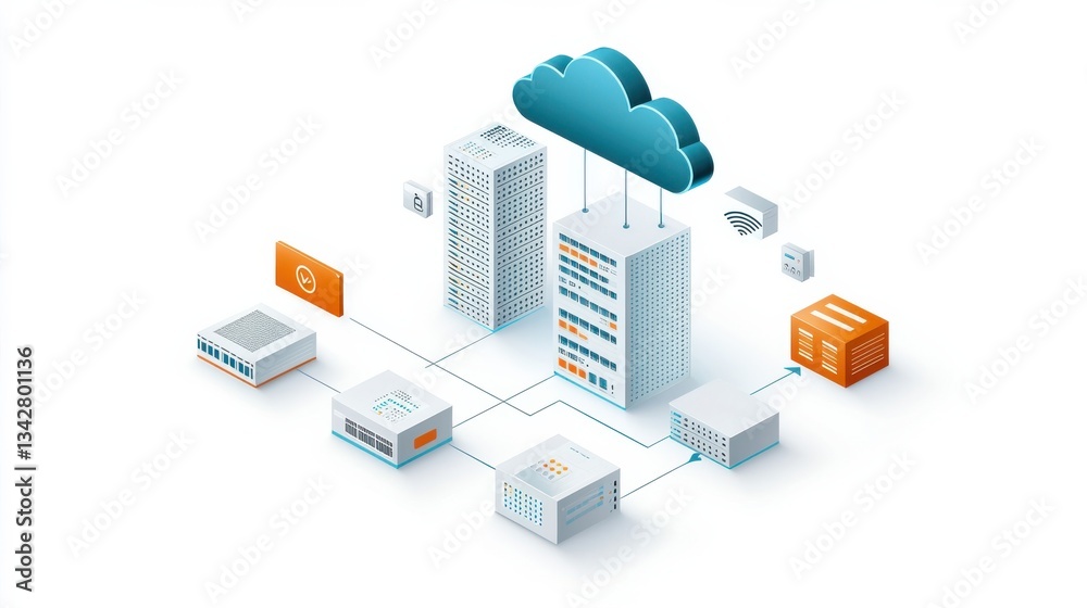 Poster cloud computing concept with buildings and data connections explained