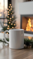 A cozy scene featuring a blank mug, greenery, and a fireplace with a Christmas tree backdrop.