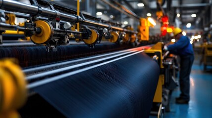 Fototapeta premium Inside a manufacturing facility, machines process fabric as a worker carefully monitors the equipment. The bright lighting illuminates the production line, ensuring efficiency and quality control