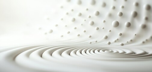 Obraz premium A minimalist, abstract design featuring smooth waves and scattered spheres on a white background, evoking a sense of calm and fluidity.