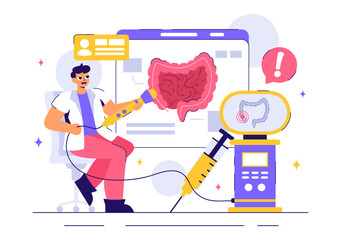 Proctologist or Colonoscopy Vector Illustration with a Doctor Examining the Colon or Small Intestine and Displaying Harmful Bacteria in a Background