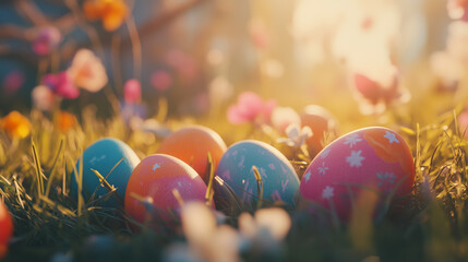 Colorful Easter eggs in the spring grass, blooming flowers, sunset and dusk, creating a peaceful and joyful Easter atmosphere