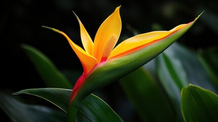 Obraz premium A vibrant tropical flower with bright yellow and orange petals opens in a rich green garden. Sunlight illuminates the blossom, highlighting its graceful form and striking colors