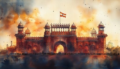 Illuminated manuscript-style fort illustration with botanical borders, created for luxury wedding invitations, cultural gala programs, or heritage hotel branding materials.