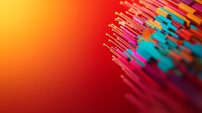 A vibrant abstract design featuring colorful, vertical lines against a warm gradient background, creating a dynamic and energetic visual effect.