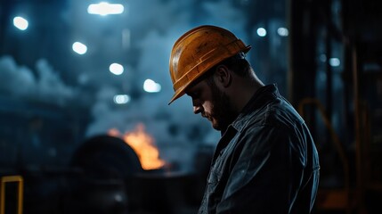 A worker in a hard hat stands with his head bowed, lost in thought amidst an industrial setting. Molten metal glows in the background, highlighting the busy factory atmosphere at night