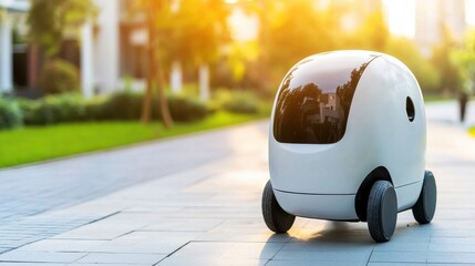 Fototapeta premium Compact Autonomous Delivery Robot on Urban Sidewalk in Afternoon Light