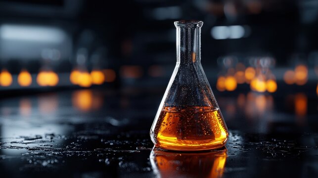 A glass flask containing amber liquid sits on a dark laboratory table. The lab is dimly lit, with warm glowing lights in the background, creating a mysterious atmosphere